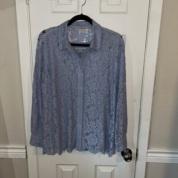 Soft Surroundings Blue Lisa Lace Button Front Long Sleeve Shirt Set Size Medium - Picture 2 of 8